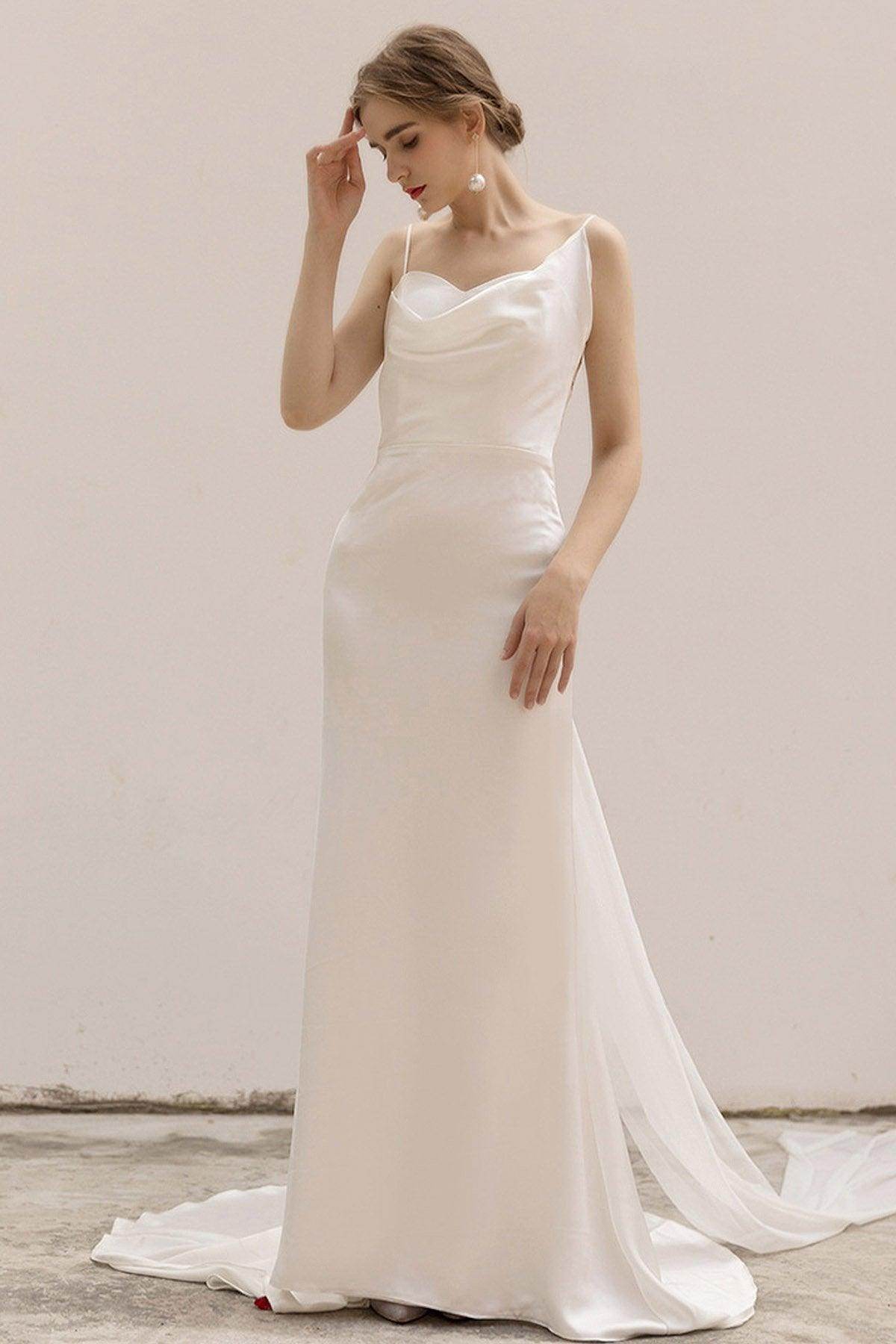 Sheath-Column Sweep-Brush Train Satin Wedding Dress CW3039 - COCOMELODY
